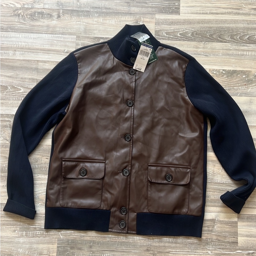 LAUREN Ralph Lauren Faux Leather and Ribbed Cardigan